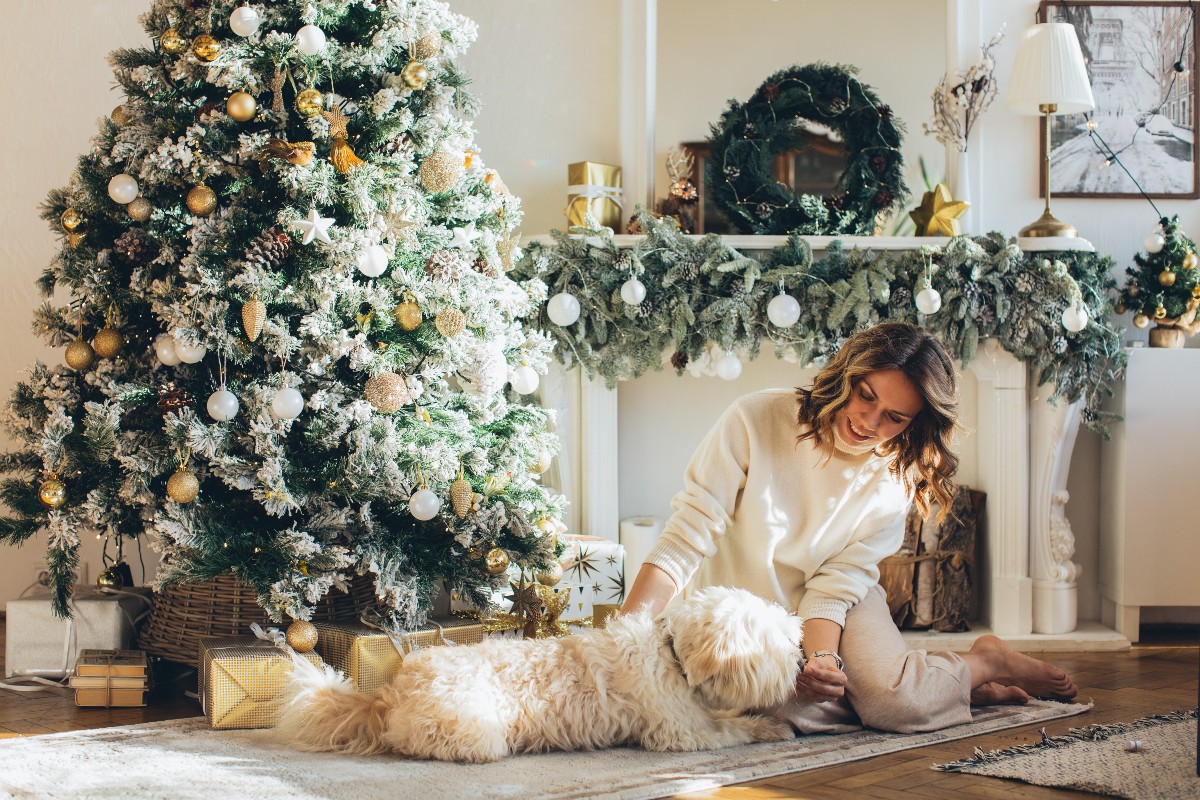 woman petting dog by tree