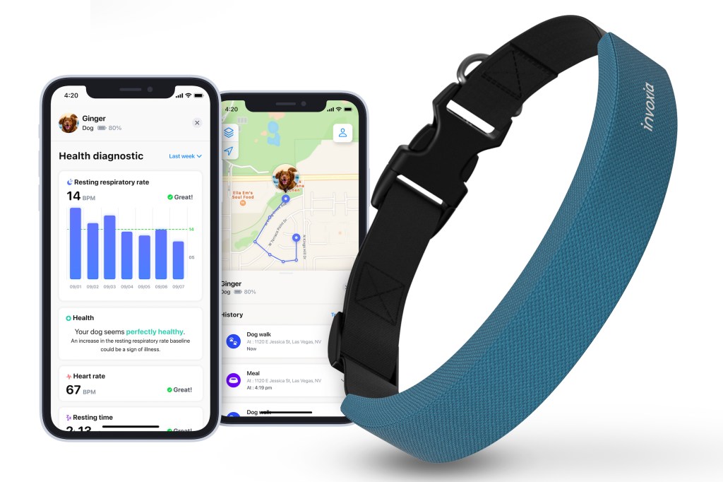 „Invoxia Smart Dog“ antkaklis su programų puslapių pavyzdžiais
