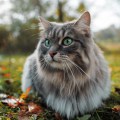A Siberian cat lying in a pile of fallen autumn leaves.