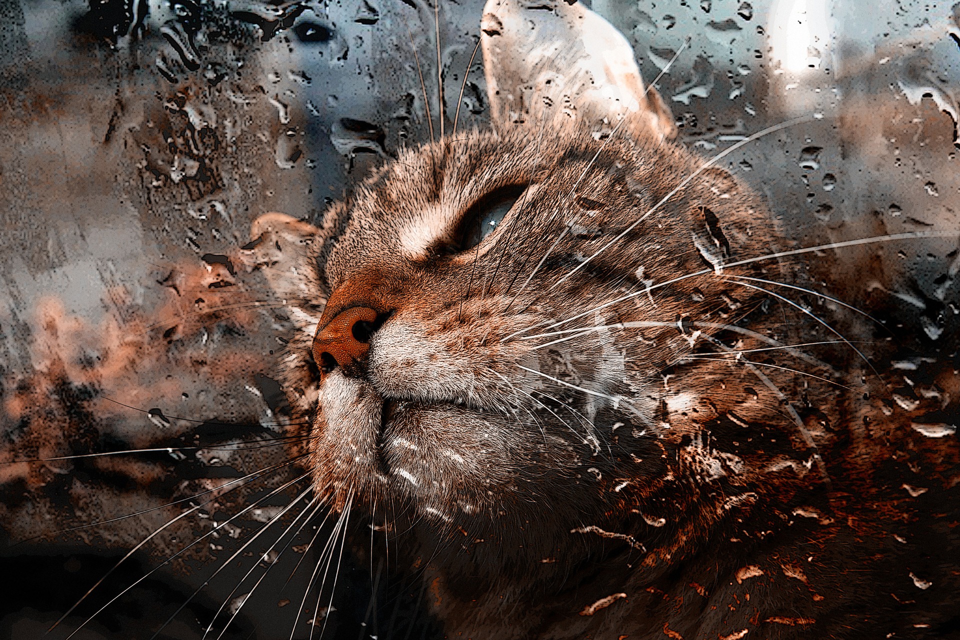 Cat looking out through a window covered in rain