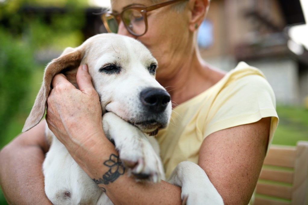 A woman hugs and kisses her senior dog