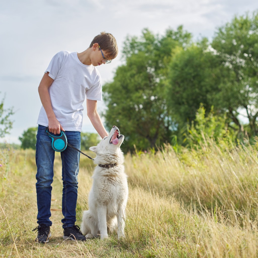 Teenage boy out on walk with dog.