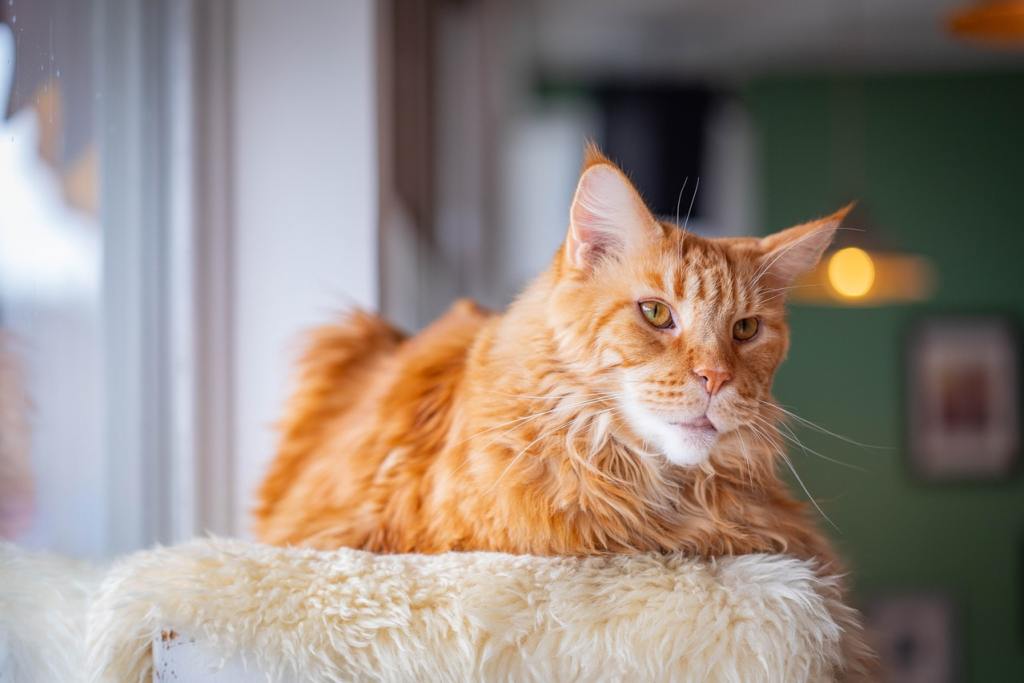 Maine Coon cat sits on a perch watching