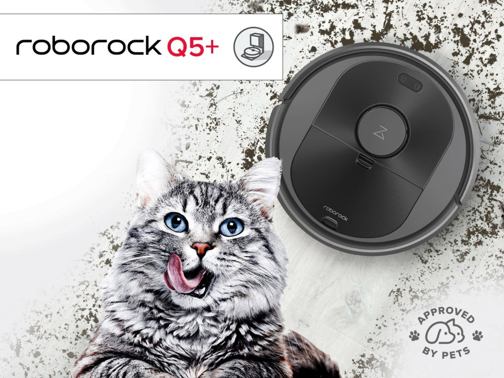 Roborock Q5+ Series robot vacuum with kitty and dirty floor.