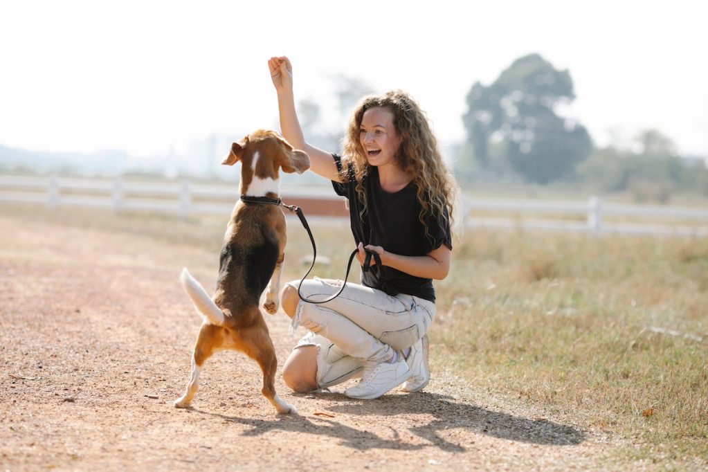 Woman feeds her dog a treat on a walk