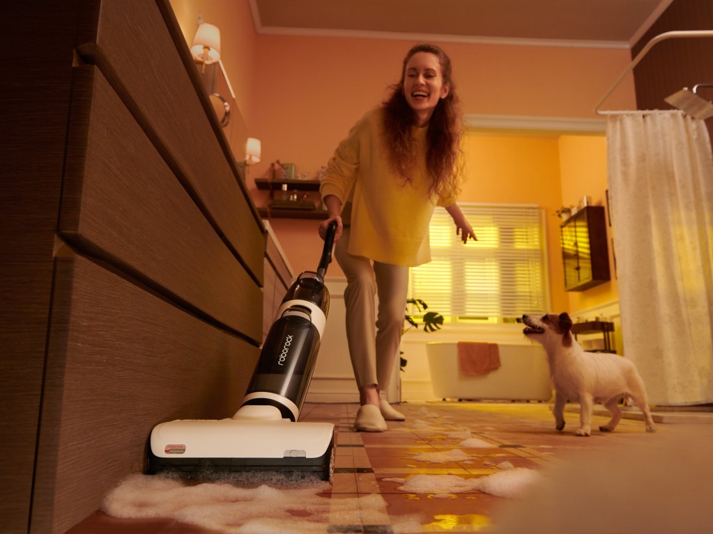 Roborock Dyad Pro wet dry vacuum cleaning and mopping with pet nearby
