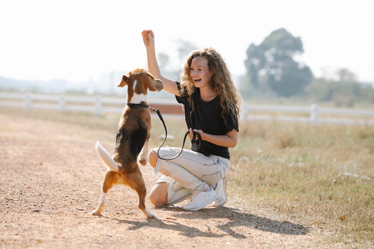 A dog mom holds up a treat for her pup on a walk