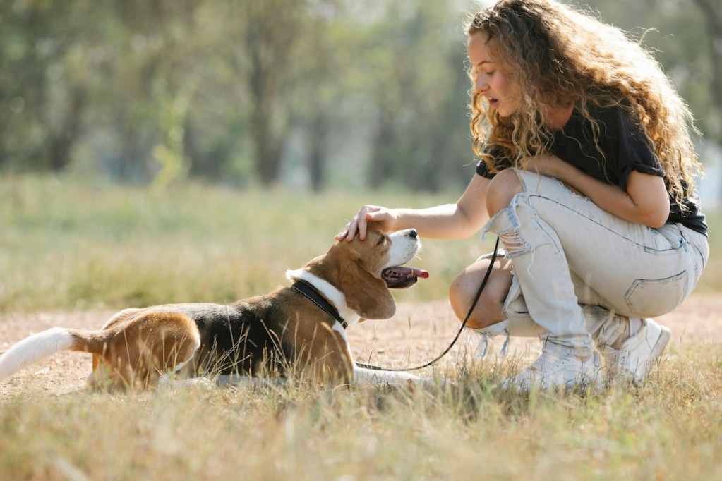 A woman pets her dog in a field